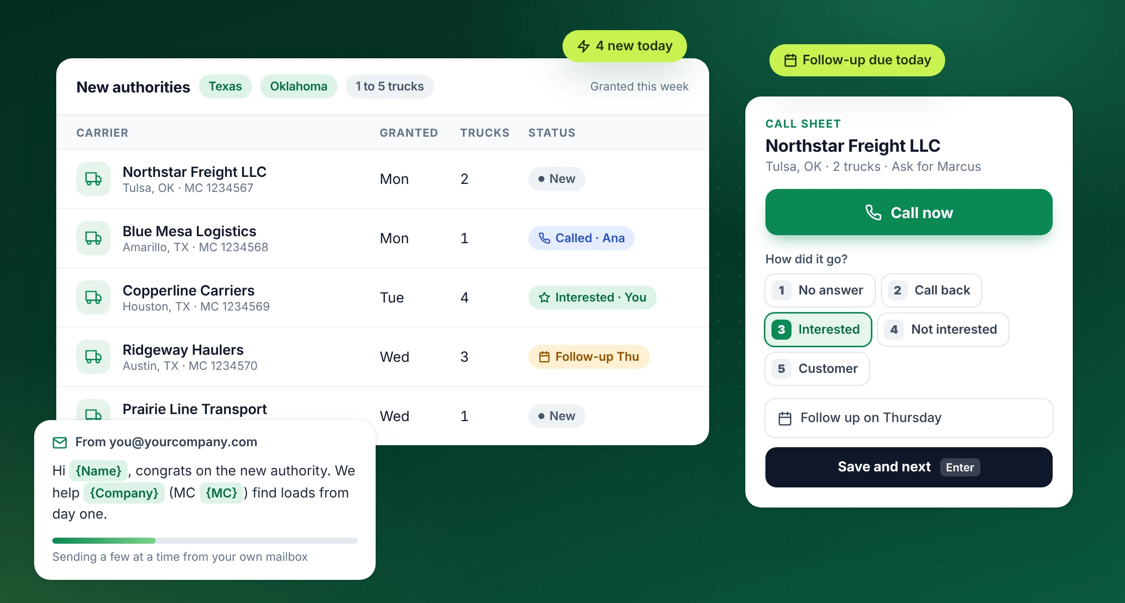 The HaulBloom app: a list of newly granted carriers, a call sheet with outcome keys 1 to 5, and an email campaign from your own mailbox.