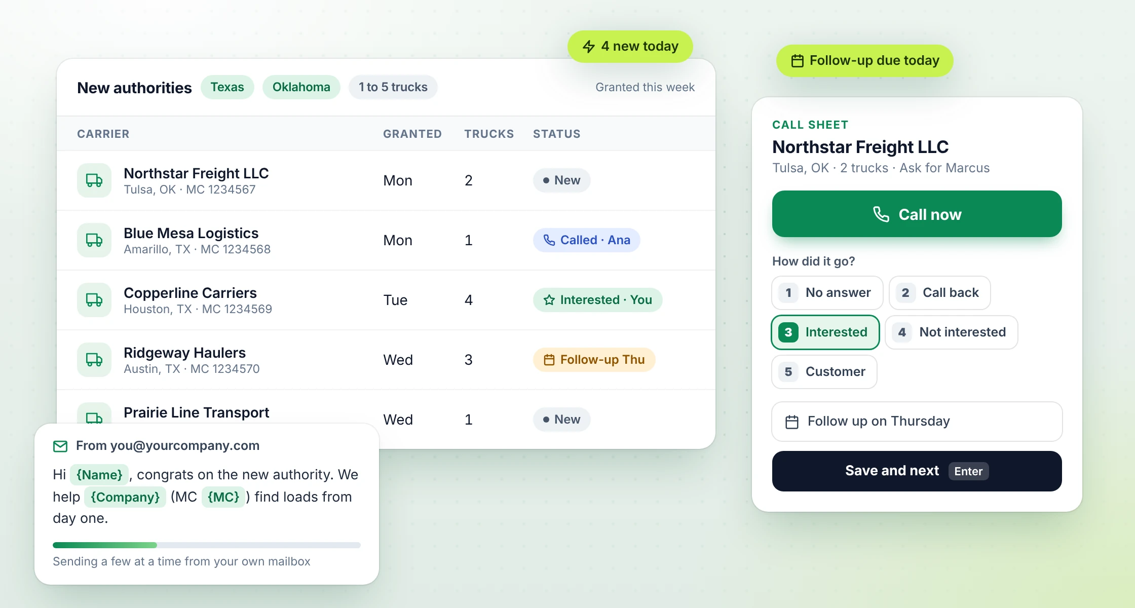 The HaulBloom app: a list of newly granted carriers, a call sheet with outcome keys 1 to 5, and an email campaign from your own mailbox.